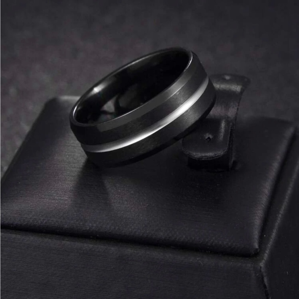 Black Ring with Silver Stripe -Size 9